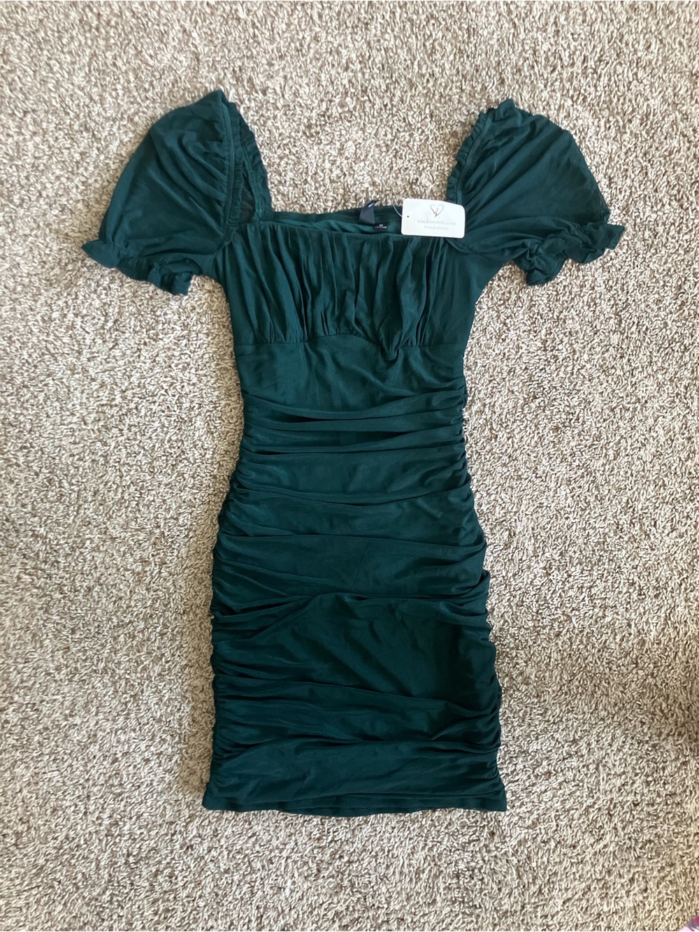 Windsor Forest Green Ruched Puff Sleeve Mini Dress